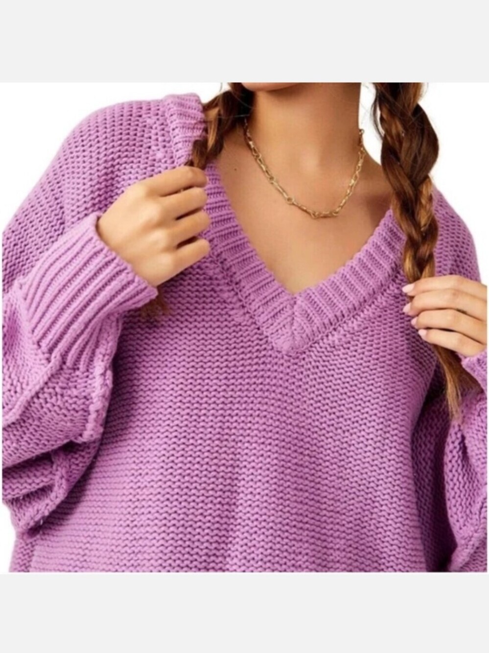 Free People Alli V-Neck Heavy Chunky Knit Oversized Purple Pullover Size:L - Picture 5 of 8